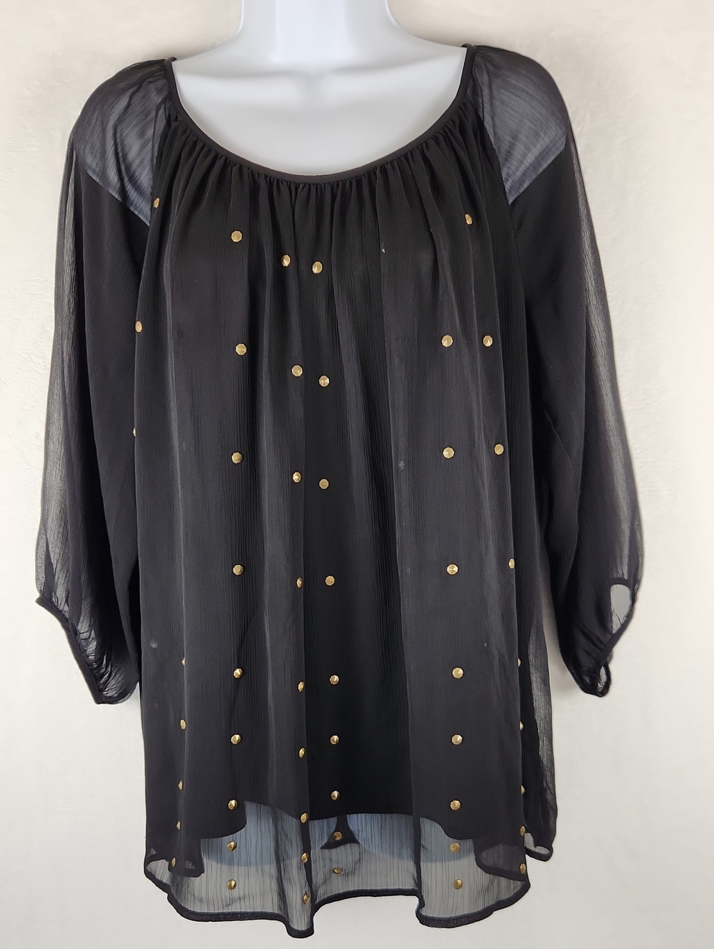Alyx Black Sheer Blouse with Gold Stud Embellishments Size Large